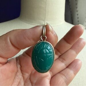Egyptian Revival Carved Scarab Green Glass Stone Gold Tone Pendant